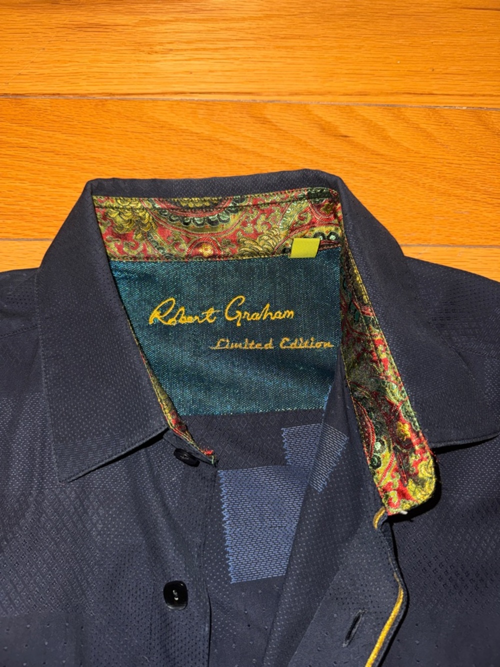 Robert Graham Navy Shirt with Multicolor Paisley Trim - Picture 2 of 4